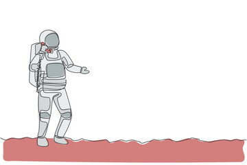 Poster - One single line drawing of cosmonaut in moon surface make an emergency call to colleague vector illustration. Astronaut business office with outer space concept. Modern continuous line draw design