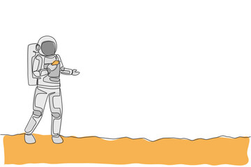 Poster - Single continuous line drawing astronaut in moon surface texting his partner using smartphone. Business office with galaxy outer space concept. Trendy one line draw design vector graphic illustration
