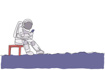 Poster - One continuous line drawing of young spaceman on spacesuit siting on chair and texting using handphone. Astronaut business office with deep space concept. Single line draw design vector illustration