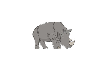 Poster - One single line drawing of giant African rhinoceros graphic vector illustration. Protected species national park conservation. Safari zoo concept. Modern continuous line draw design