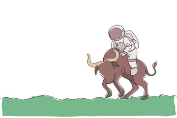 Poster - One continuous line drawing of spaceman take a walk riding an angry bull, wild animal in moon surface. Deep space safari journey concept. Dynamic single line draw graphic design vector illustration