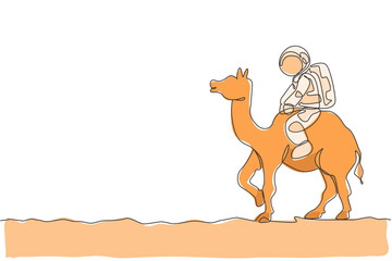 Poster - One single line drawing of astronaut riding Arabian camel, pet animal in moon surface vector illustration. Cosmonaut safari journey concept. Modern continuous line graphic draw design