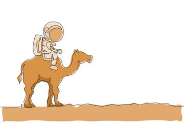 Poster - Single continuous line drawing of cosmonaut with spacesuit riding desert camel, farm animal in moon surface. Fantasy astronaut safari journey concept. Trendy one line draw design vector illustration