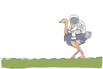 Poster - Single continuous line drawing of cosmonaut with spacesuit riding ostrich, big bird animal in moon surface. Fantasy astronaut safari journey concept. Trendy one line draw design vector illustration