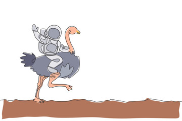 Poster - One continuous line drawing of spaceman take a walk riding an ostrich, fastest animal in moon surface. Deep space safari journey concept. Dynamic single line draw design graphic vector illustration