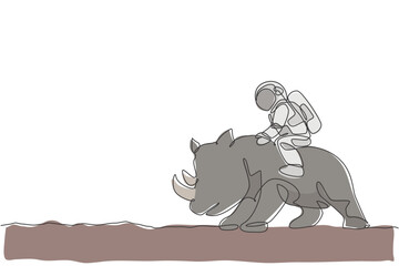 Poster - One continuous line drawing of spaceman take a walk riding a rhinoceros, wild animal in moon surface. Deep space safari journey concept. Dynamic single line draw graphic design vector illustration