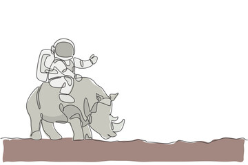 Poster - One single line drawing of astronaut riding rhinoceros, wild animal in moon surface vector illustration. Cosmonaut safari journey concept. Modern continuous line draw graphic design