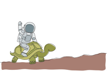 Poster - Single continuous line drawing of cosmonaut with spacesuit riding tortoise and waving hand in moon surface. Fantasy astronaut safari journey concept. Trendy one line draw design vector illustration