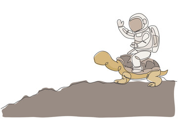 Poster - One continuous line drawing of spaceman take a walk riding a tortoise and waving hand in moon surface. Deep space safari journey concept. Dynamic single line draw design vector illustration graphic