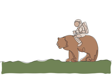 Poster - One single line drawing of astronaut riding bear, wild animal in moon surface graphic vector illustration. Cosmonaut safari journey concept. Modern continuous line draw design