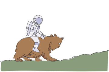 Poster - Single continuous line drawing of cosmonaut with spacesuit riding bear, wild animal in moon surface. Fantasy astronaut safari journey concept. Trendy one line draw design graphic vector illustration