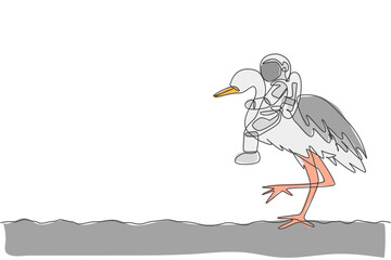 Poster - One continuous line drawing of spaceman take a walk riding a heron bird, wild animal in moon surface. Deep space safari journey concept. Dynamic single line draw graphic design vector illustration