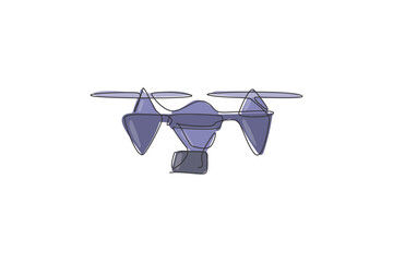 Poster - Single continuous line drawing of flying drone airplane, unmanned plane. Air transportation vehicle concept. Trendy one line draw graphic design vector illustration
