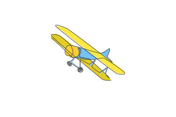 Poster - one single line drawing of vintage biplane flying on the sky vector illustration. airplane vehicle f