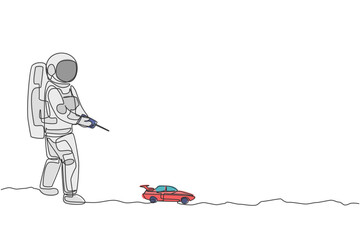 Poster - Single continuous line drawing of astronaut playing sedan car radio control in moon surface. Having fun in leisure time on outer space concept. Trendy one line draw design graphic vector illustration