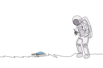 Poster - One continuous line drawing of astronaut playing speed boat radio control in moon cosmic galaxy. Outer space hobby and lifestyle concept. Dynamic single line draw design vector graphic illustration