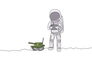 Poster - One continuous line drawing of astronaut playing war tank radio control in moon cosmic galaxy. Outer space hobby and lifestyle concept. Dynamic single line draw design graphic vector illustration