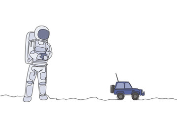 Poster - One single line drawing of astronaut playing car radio control in moon land vector graphic illustration. Doing hobby while leisure time in deep space concept. Modern continuous line draw design