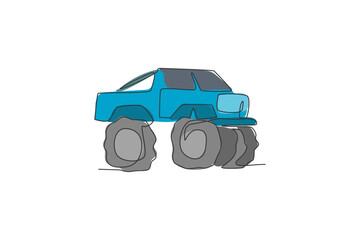 Wall Mural - Single continuous line drawing of big monster truck in competition. Contest ride vehicle concept. Trendy one line draw graphic design vector illustration