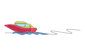 Poster - One continuous line drawing of fast speed boat sailing on the sea. Water transportation vehicle concept. Dynamic single line draw design vector illustration graphic