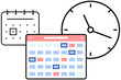 Planning and time management icons. Timetable, agenda planner with dates, wall clock. Creating reminder, daily plan, schedule concept. Calendar with notes for scheduling meeting or holidays