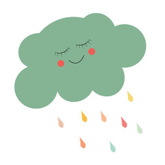 Wall Mural - Cute Happy Cloud with Rain Drops, Print or Icon Vector