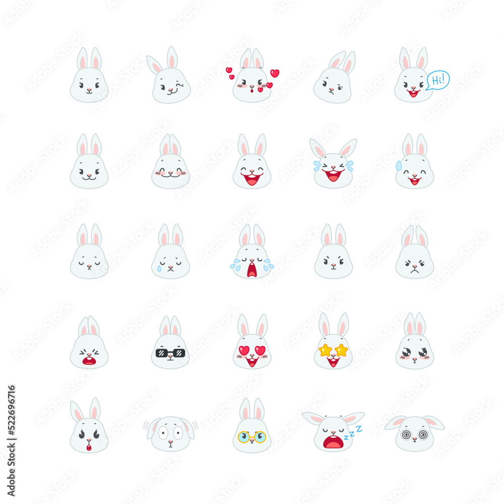 Cute bunny emojis set. 25 flat cartoon illustrations of little gray ...
