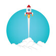 © madedee - App launch. Startup vector concept, flat cartoon rocket or rocketship launch, mobile phone or smartphone, idea of successful business project start up, boost technology, innovation.