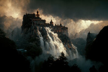 Dark Fantasy Painting Of A Castle On Top Of A Mountain Above A Waterfall.