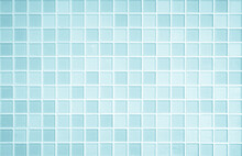 Blue Light Ceramic Wall And Floor Tiles Mosaic Background In Bathroom And Kitchen. Design Pattern Geometric With Grid Wallpaper Texture Decoration Pool. Simple Seamless Abstract Surface Clean.