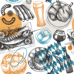 Wall Mural - Oktoberfest background. German cuisine menu design. Pretzel, beer, roast pork, ham hocks, sausages, ribs, grilled fish on table. Grilled meat seamless pattern. Beer festival backdrop in collage style