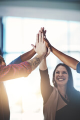 Poster - High five of business woman with office team celebrating team work, success and development support. Group of happy colleague hands together to celebrate. Employee celebration of a successful job