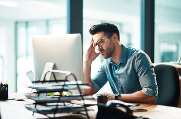 Sticker - Stress, anxiety and worry with a business man feeling frustrated, irritated and annoyed with work and deadlines. Unhappy and negative male employee suffering from a headache or migraine in his office