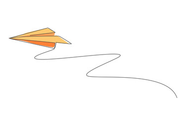 Poster - Single continuous line drawing of flying paper plane on sky. Origami toy concept. Trendy one line draw graphic design vector illustration