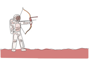 Poster - One single line drawing of young astronaut focus training to improve his shot into target in moon surface graphic vector illustration. Cosmonaut deep space concept. Modern continuous line draw design