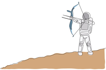 Poster - One continuous line drawing of young astronaut focus aiming archery into target in moon surface. Cosmic galaxy space concept. Dynamic single line draw design graphic vector illustration