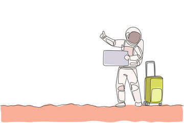 Poster - Single continuous line drawing of young astronaut hitchhiker waiting for transport beside the roadway in moon surface. Cosmonaut outer space concept. Trendy one line draw design vector illustration