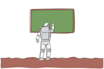 Poster - One single line drawing of young astronaut writing on whiteboard to teach some students in moon surface graphic vector illustration. Cosmonaut deep space concept. Modern continuous line draw design