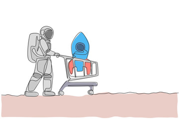 Poster - Single continuous line drawing of young astronaut pushing shopping cart in supermarket and buying rocket toy. Cosmonaut outer space concept. Trendy one line draw design graphic vector illustration