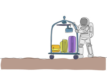Poster - One single line drawing of young room boy astronaut pushing luggage trolley with suitcases and bags vector illustration. Hotel service. Cosmonaut deep space concept. Modern continuous line draw design