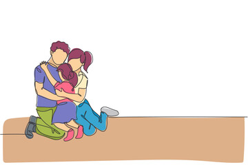 Poster - One continuous line drawing of young happy mom and dad hugging their daughter full of warmth . Happy loving parenting family concept. Dynamic single line draw design vector illustration graphic