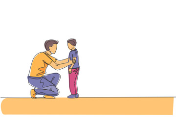 One continuous line drawing of young father giving some wise advice talk to his son at home, family life. Happy parenting concept. Dynamic single line draw graphic design vector illustration