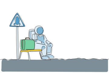 Poster - One single line drawing of young happy astronaut siting in rocket stop chair beside rocket sign board graphic vector illustration. Cosmonaut outer space concept. Modern continuous line draw design