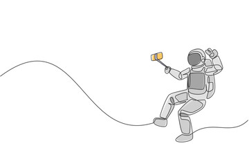 Poster - Single continuous line drawing of young astronaut doing selfie shoot while floating in outer space. Space man cosmic galaxy concept. Trendy one line draw graphic design vector illustration