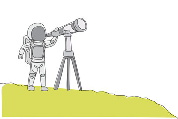 Poster - One continuous line drawing of young happy astronaut looking galaxy using telescope in moon surface. Space man deep space concept. Dynamic single line draw design vector graphic illustration