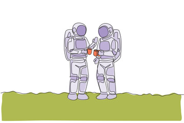 Poster - Single continuous line drawing two young astronaut standing and talking while drinking coffee in moon surface. Space man cosmic galaxy concept. Trendy one line draw graphic design vector illustration
