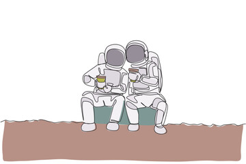 Poster - One single line drawing two young happy astronauts sitting while drinking coffee together in moon surface graphic vector illustration. Cosmonaut outer space concept. Modern continuous line draw design