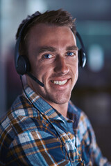 Poster - Happy call center agent smiling, ready to help a client on a phone call with good customer service and support. Close up portrait of a contact support worker consulting at his desk via his headset