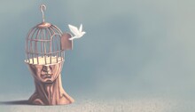 Concept Idea Art Of Freedom Soul And Inspiration. Surreal Artwork Of A Bird Cage On Human Face. 3d Illustration. Conceptual Painting.