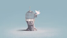 Concept Idea Art Of Freedom Soul And Inspiration. Surreal Artwork Of A Bird Cage On Human Face. 3d Illustration. Conceptual Painting.